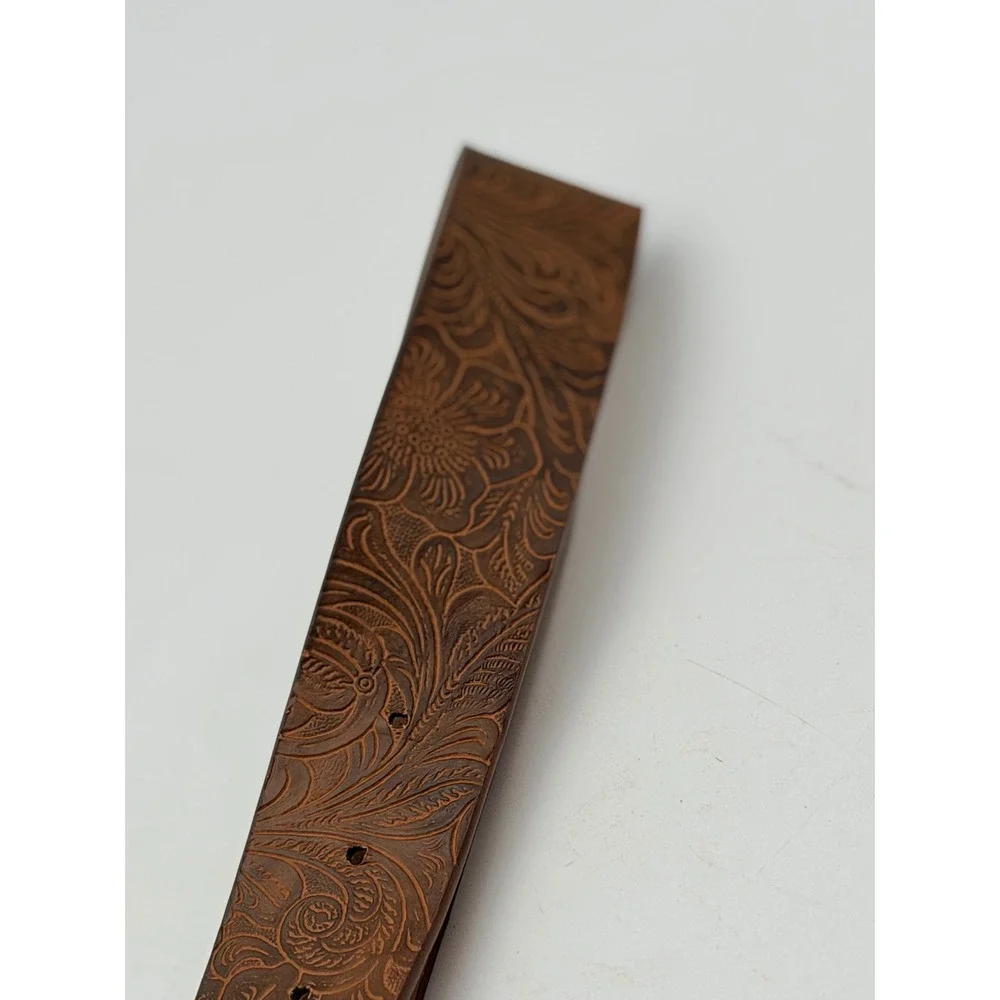 Brown Tooled Floral Embossed Western Belt Antique Brass Buckle 46 Inch Boho